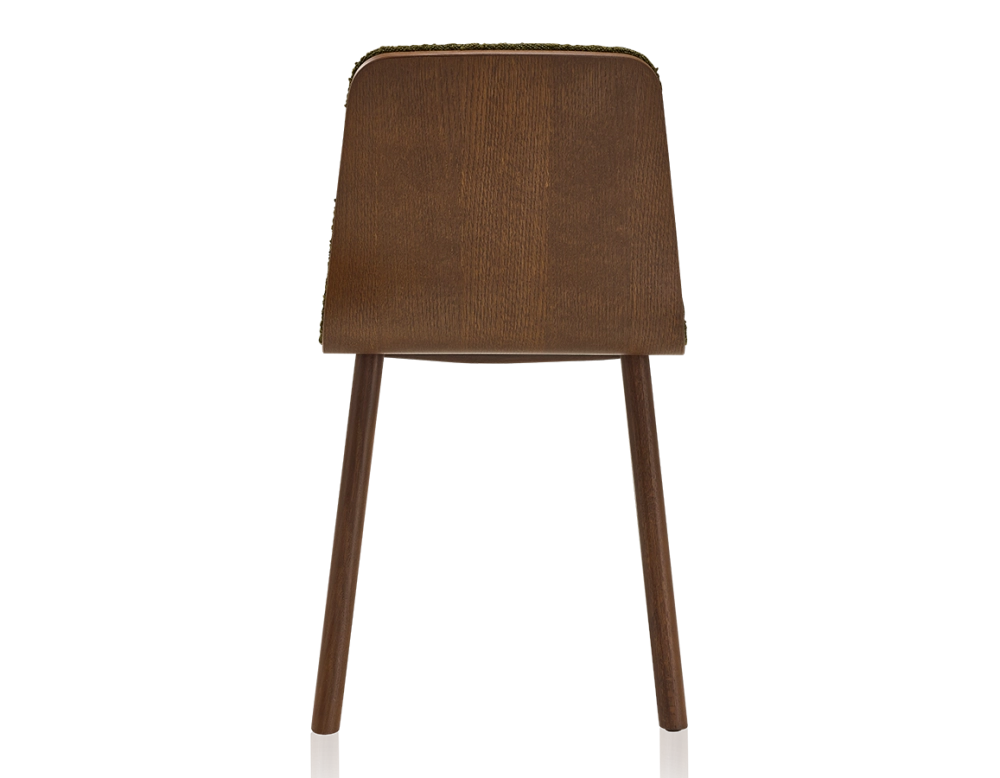 Chaise design en chêne tapissé bois teinte marron foncé assise tissu bouclé vert
