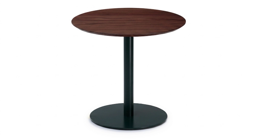 Table bistrot plateau en noyer naturel, pied métal vert foncé