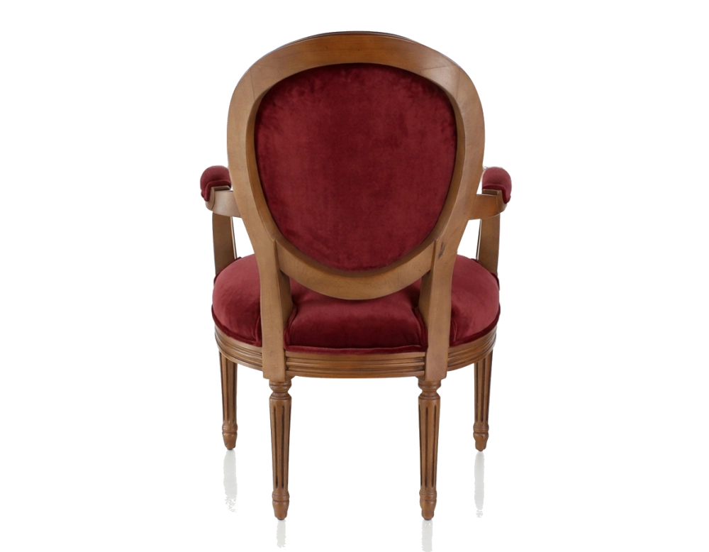 Fauteuil ancien style Louis XVI bois teinte ancienne et tissu bordeaux