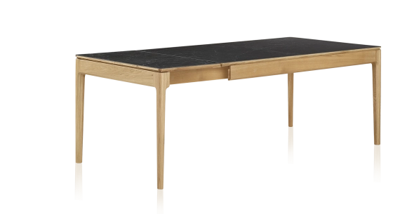 Table extensible 6 à 10 personnes en chêne et céramique allonges céramique avec bois teinte naturelle et plateau et allonges céramique effet ardoise 160x100 cm