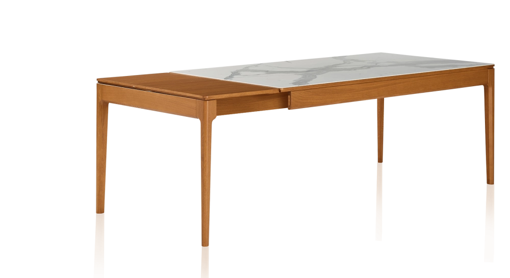 Mesa extensible de 6 a 10 personas de roble y cerámica con extensiones de madera con madera tinte cerezo y tablero cerámico efecto mármol blanco 140x90 cm