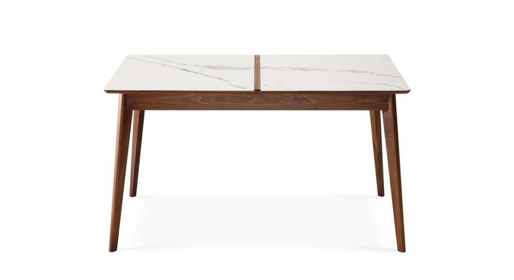 Extending table for 8 to 14 people in walnut and ceramic with wooden extensions with natural stained wood and black marble effect ceramic top 210x100 cm