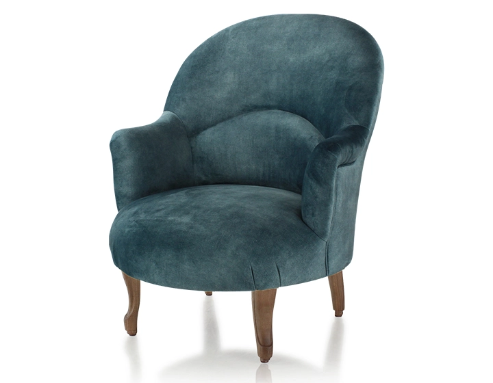 Fauteuil crapaud avec accoudoirs pieds bois teinte noyer et tissu velours bleu pétrole