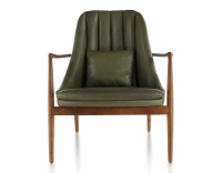 Fauteuil design bois teinte merisier et cuir vert kaki