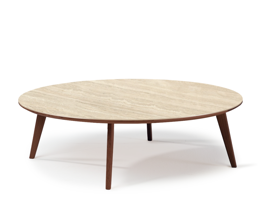 Table basse ronde F1 en chêne et céramique bois teinte marron foncé plateau céramique effet pierre travertin 120x120x30 cm