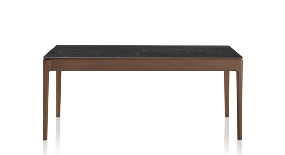 Table salle à manger en chêne et céramique 6 personnes avec bois teinte marron foncé et plateau céramique effet ardoise 160x100 cm