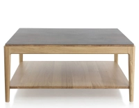 Mesa de centro cuadrada de roble y cerámica con estante en madera tinte natural tablero cerámico marrón oxidado 100x100 cm