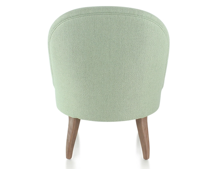 Fauteuil crapaud sans accoudoirs pieds bois teinte noyer et tissu vert sauge