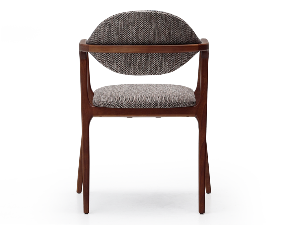Chaise design avec accoudoirs bois teinte merisier et tissu chiné marron