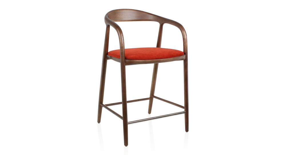 Tabouret de bar H60 cm bois teinte marron foncé et tissu orange brulé