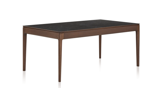 Table salle à manger en chêne et céramique 8 personnes avec bois teinte marron foncé et plateau céramique effet ardoise 210x100 cm