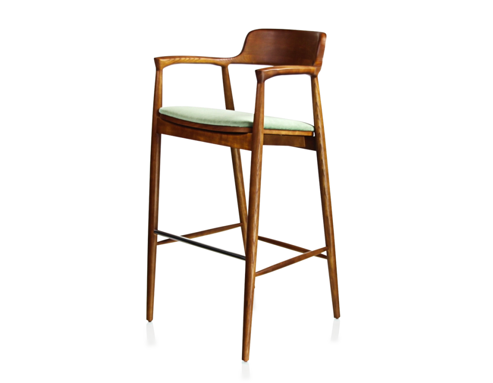 Bar stool h80 cm cherry-stained wood green fabric seat