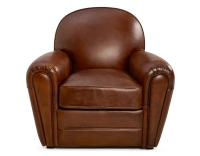 Fauteuil club cuir marron vintage accoudoirs passepoil