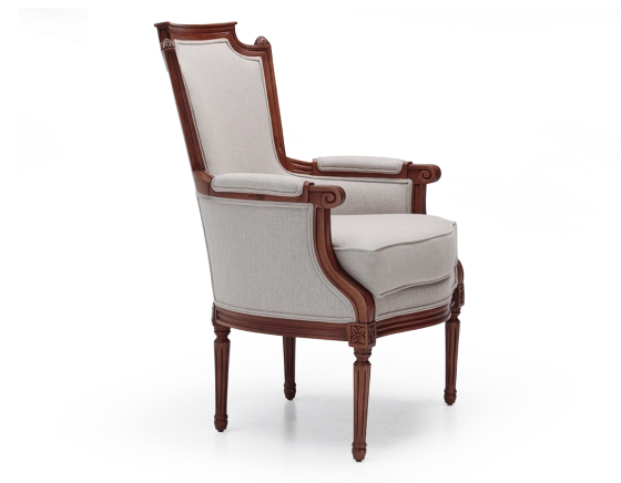 Louis XVI style bergère armchair wood antique stain and natural beige fabric
