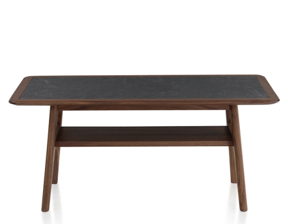 Table basse rectangulaire en noyer et céramique bois teinte naturelle plateau céramique effet ardoise 100x50 cm
