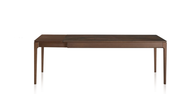 Table extensible 8 à 12 personnes en chêne et céramique allonges bois avec bois teinte marron foncé et plateau céramique brun oxydé 180x100 cm