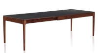 Table extensible en noyer et céramique 6 à 10 personnes allonges céramique avec bois teinte naturelle et plateau et allonges céramique noire unie 140x90 cm