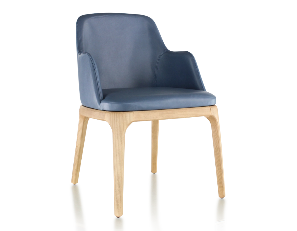 Chaise design avec accoudoirs bois teinte naturelle et cuir bleu orage