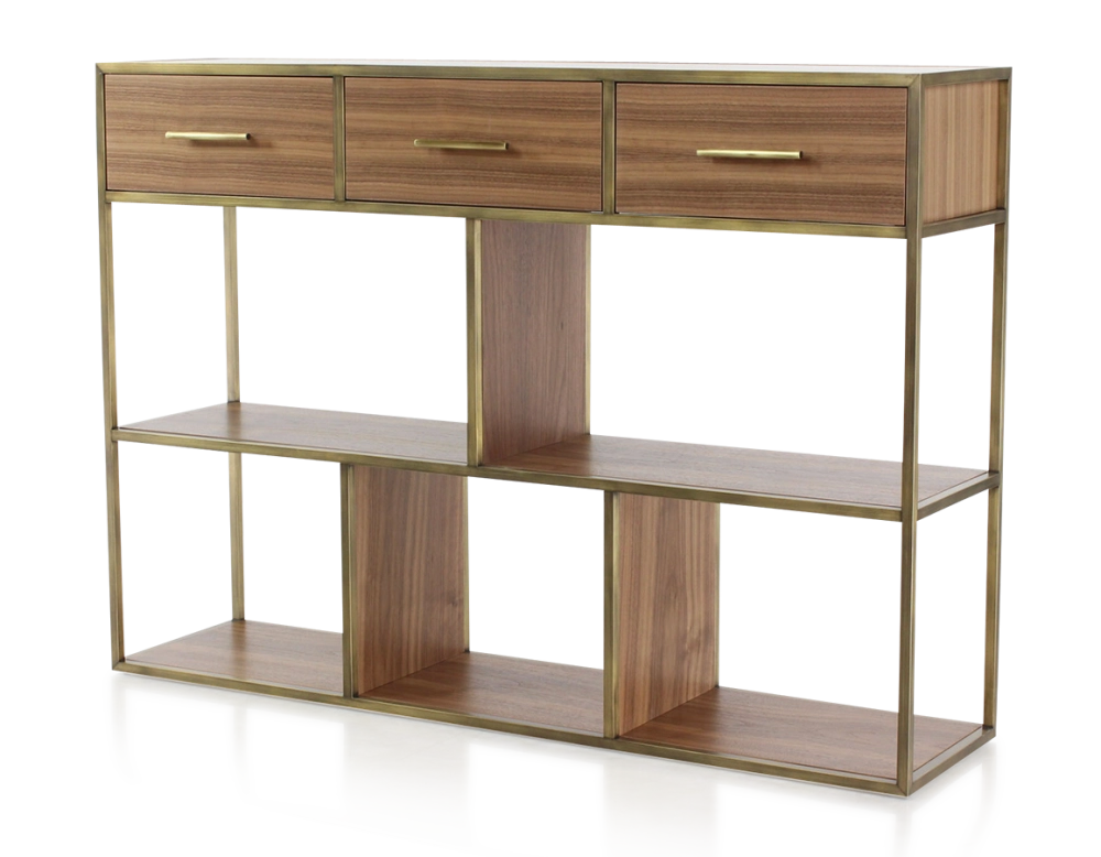 Console design natural tint walnut and brass patina metal