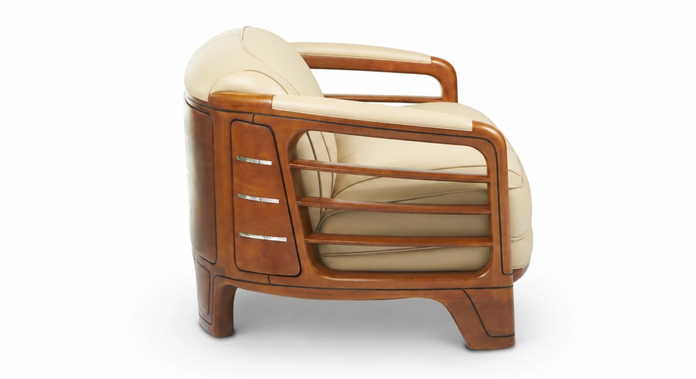 Canapé club bois et cuir 2 places beige