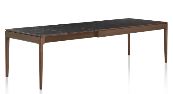 Table extensible 8 à 12 personnes en chêne et céramique allonges céramique avec bois teinte marron foncé et plateau et allonges céramique effet ardoise 180x100 cm