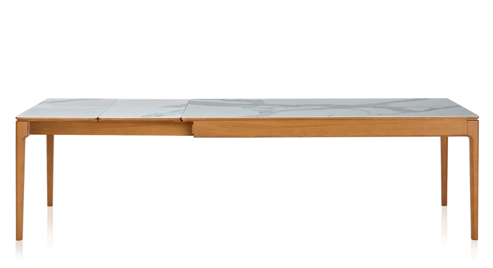Table extensible en chêne et céramique 6 à 10 personnes allonges céramique avec bois teinte merisier et plateau et allonges céramique effet marbre blanc 140x90 cm