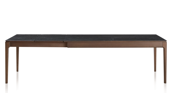 Table extensible 8 à 12 personnes en chêne et céramique allonges céramique avec bois teinte marron foncé et plateau et allonges céramique effet ardoise 210x100 cm