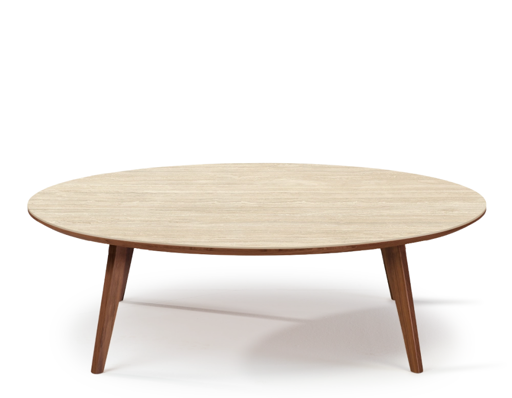 Table basse ronde F1 en noyer et céramique bois teinte naturelle plateau céramique effet pierre travertin 120x120x40 cm