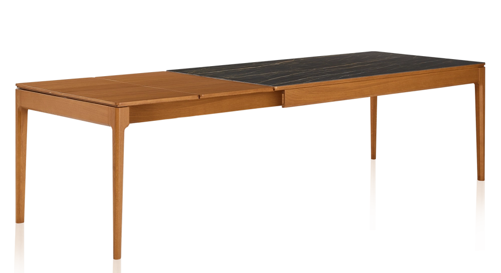 Table extensible 6 à 10 personnes en chêne et céramique allonges bois avec bois teinte merisier et plateau céramique effet marbre noir 140x90 cm