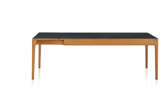 Table extensible 6 à 10 personnes en chêne et céramique allonges céramique avec bois teinte merisier et plateau et allonges céramique effet ardoise 160x100 cm
