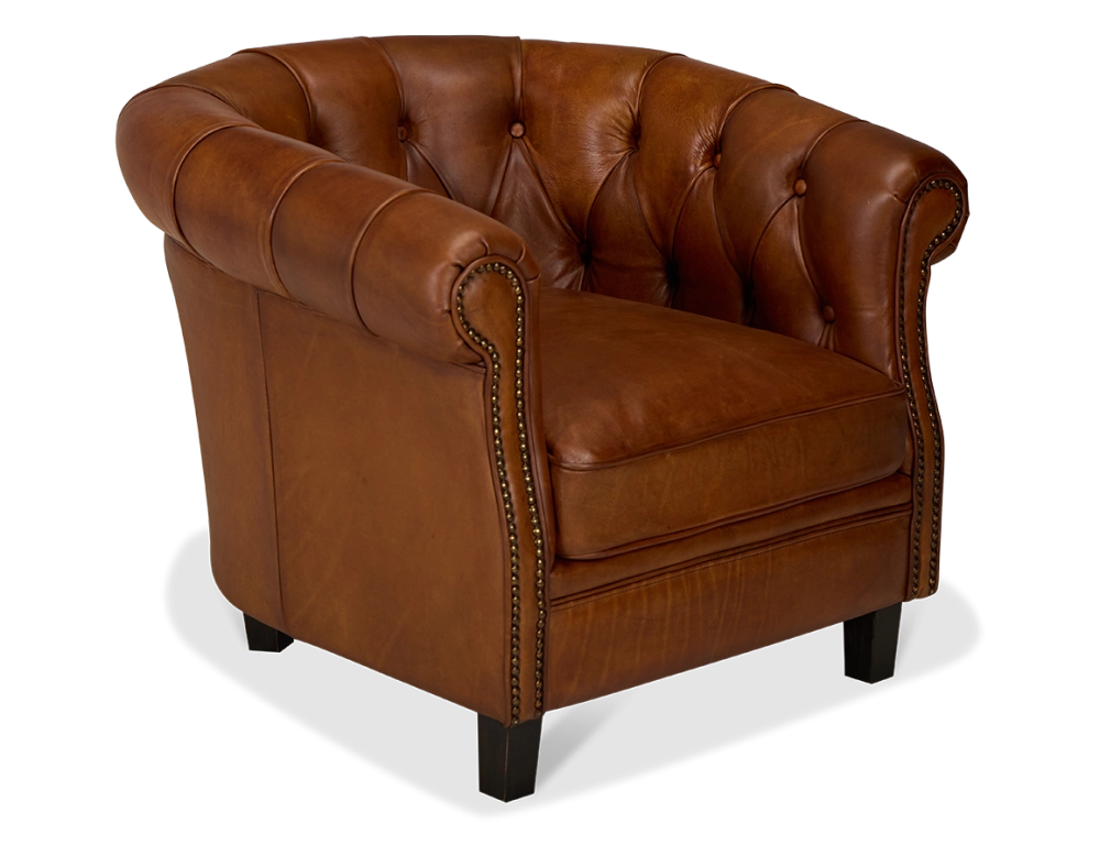Fauteuil chesterfield cuir marron clair accoudoirs cloutés