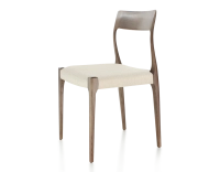 Chaise scandinave bois teinte marron foncé assise tissu chevron beige