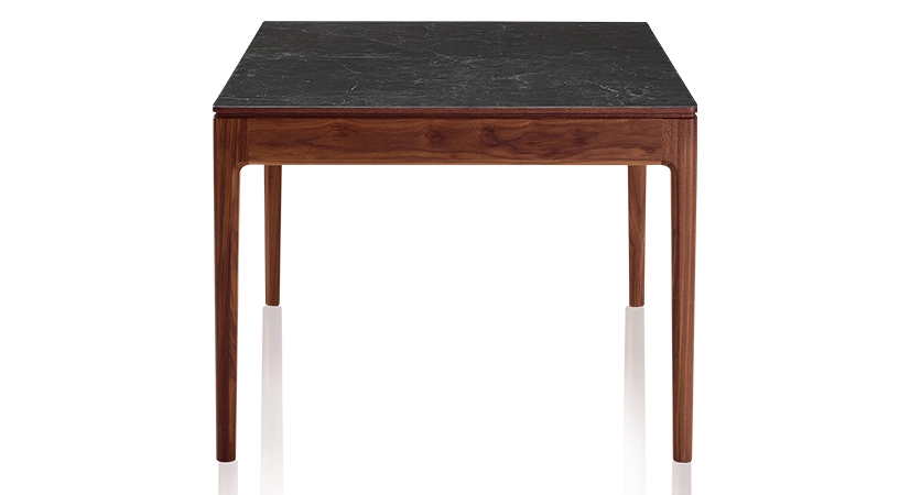 Extendable table for 8 to 12 people in walnut and ceramic, ceramic extensions with natural stained wood and ceramic slate effect top and extensions 180x100 cm
