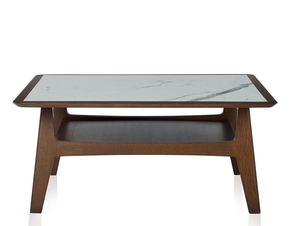 Square coffee table in oak and ceramic with dark brown stained wood white marble effect ceramic top 100x100 cm