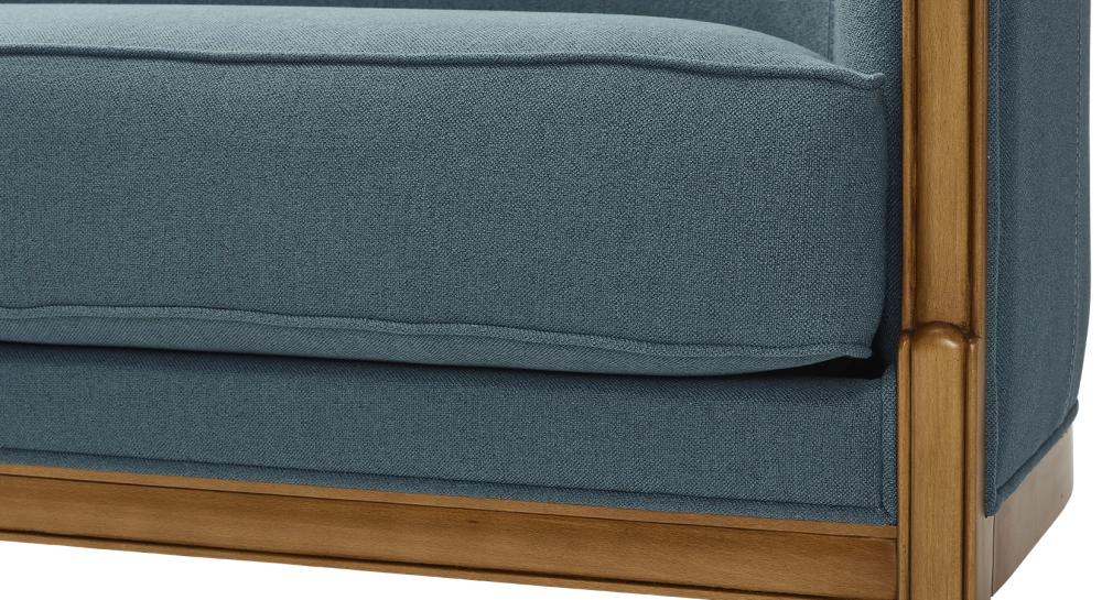 Sofá antiguo de 2 plazas con reposabrazos moldurados bois teinte ancienne et tissu bleu océan