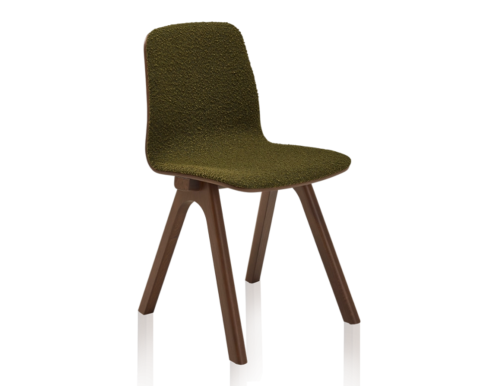Chaise design en chêne tapissé bois teinte marron foncé assise tissu bouclé vert