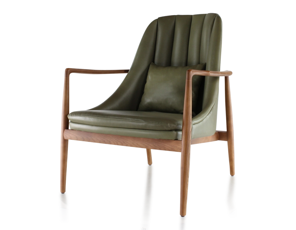Fauteuil design bois teinte merisier et cuir vert kaki