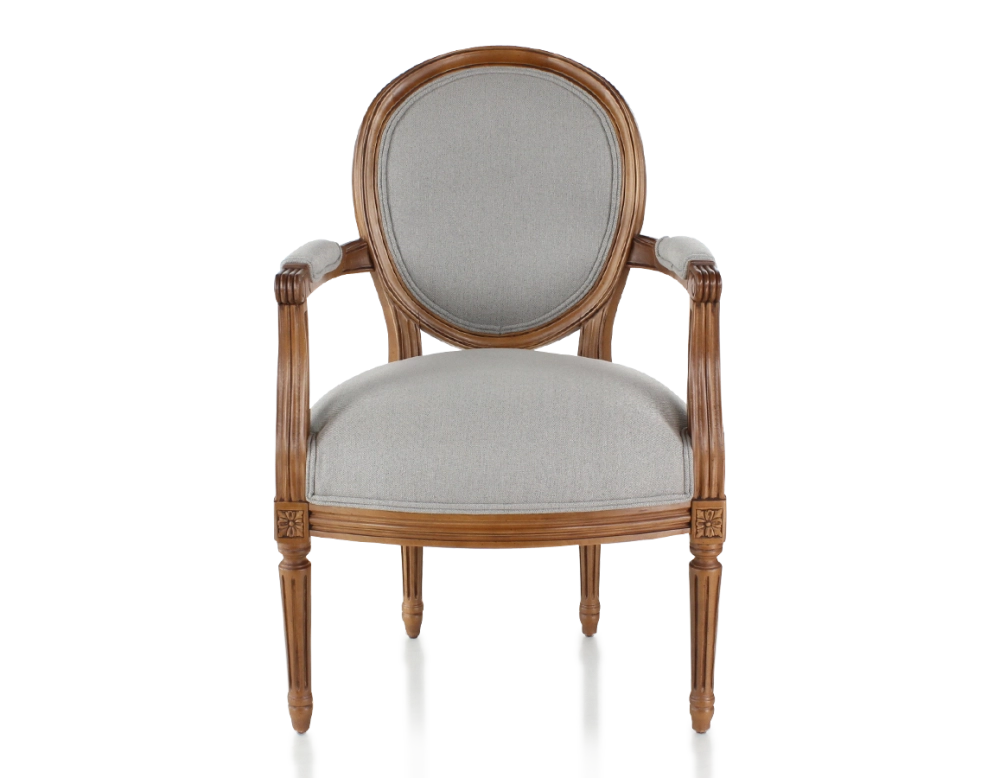 Sillón antiguo estilo Luis XVI madera con tinte envejecido y tejido gris claro