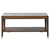 Mesa de centro rectangular de roble y cerámica con estante en madera tinte marrón oscuro tablero cerámico efecto mármol blanco 100x50 cm