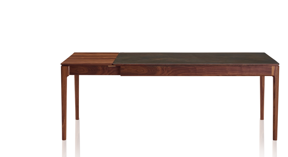 Table extensible 6 à 10 personnes en noyer et céramique allonges bois avec bois teinte naturelle et plateau céramique brun oxydé 160x100 cm