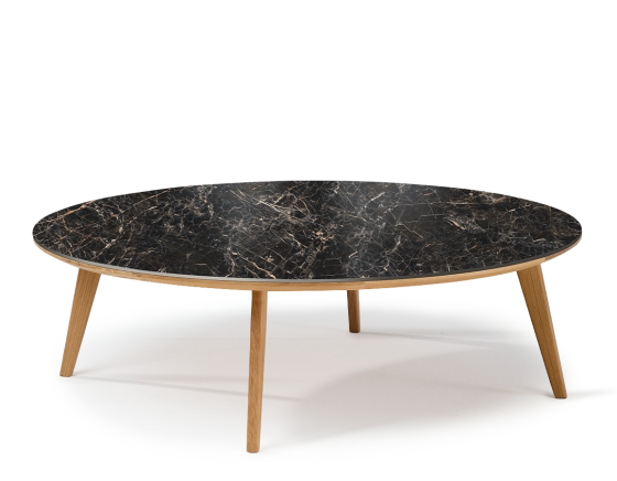 Table basse ronde F1 en chêne et céramique bois teinte naturelle plateau céramique effet marbre noir 120x120x30 cm