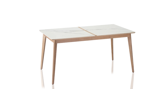 Table extensible 6 à 8 personnes en chêne et céramique allonges bois avec bois teinte naturelle et plateau céramique effet marbre blanc 140x90 cm