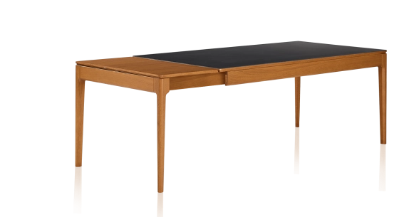 Table extensible 8 à 12 personnes en chêne et céramique allonges bois avec bois teinte merisier et plateau céramique noir unie 210x100 cm