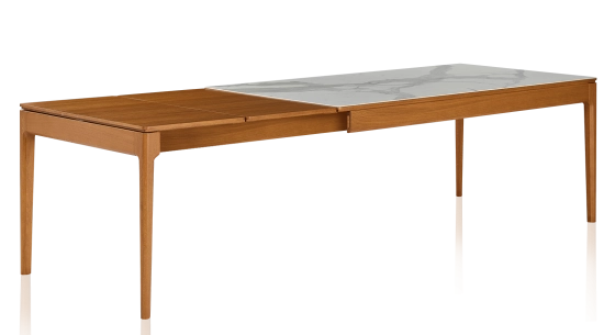 Table extensible 6 à 10 personnes en chêne et céramique allonges bois avec bois teinte merisier et plateau céramique effet marbre blanc 160x100 cm
