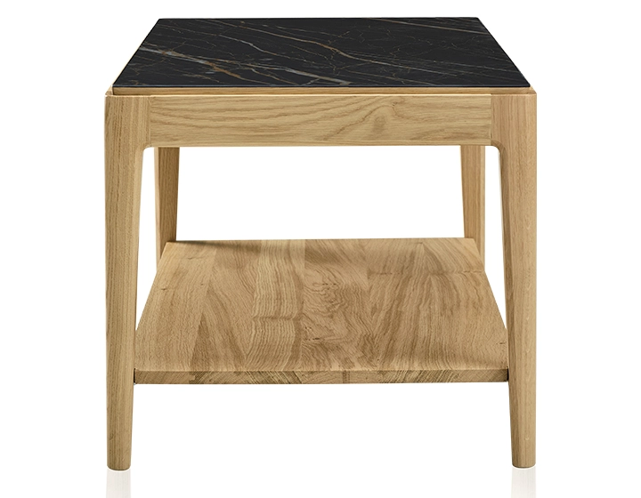 Mesa de centro rectangular de roble y cerámica con estante en madera tinte natural tablero cerámico efecto mármol negro 100x50 cm
