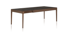 Table extensible 8 à 12 personnes en chêne et céramique allonges céramique avec bois teinte marron foncé et plateau et allonges céramique effet marbre noir 210x100 cm