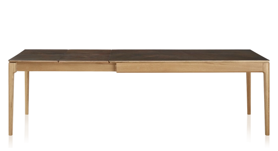 Table extensible 8 à 12 personnes en chêne et céramique allonges céramique avec bois teinte naturelle et plateau et allonges céramique brun oxydé 210x100 cm