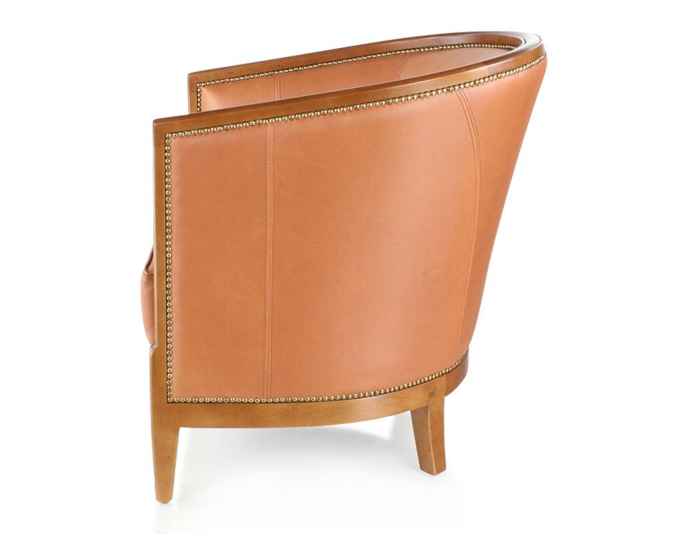 Fauteuil ancien accoudoirs moulurés bois teinte ancienne et cuir caramel