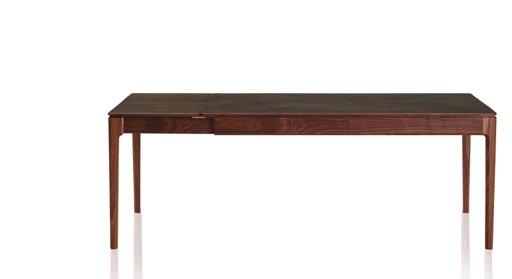 Table extensible 8 à 12 personnes en noyer et céramique allonges céramique avec bois teinte naturelle et plateau et allonges céramique brun oxydé 180x100 cm