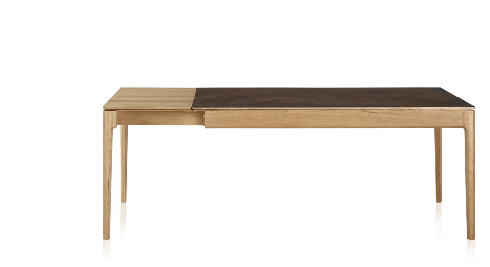Table extensible 6 à 10 personnes en chêne et céramique allonges bois avec bois teinte naturelle et plateau céramique brun oxydé 160x100 cm